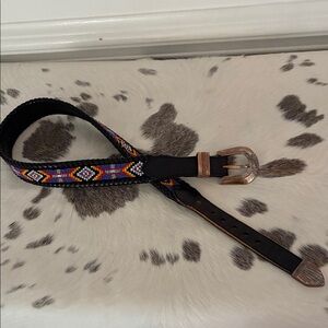 Beaded Black Leather Belt with Silver Buckle